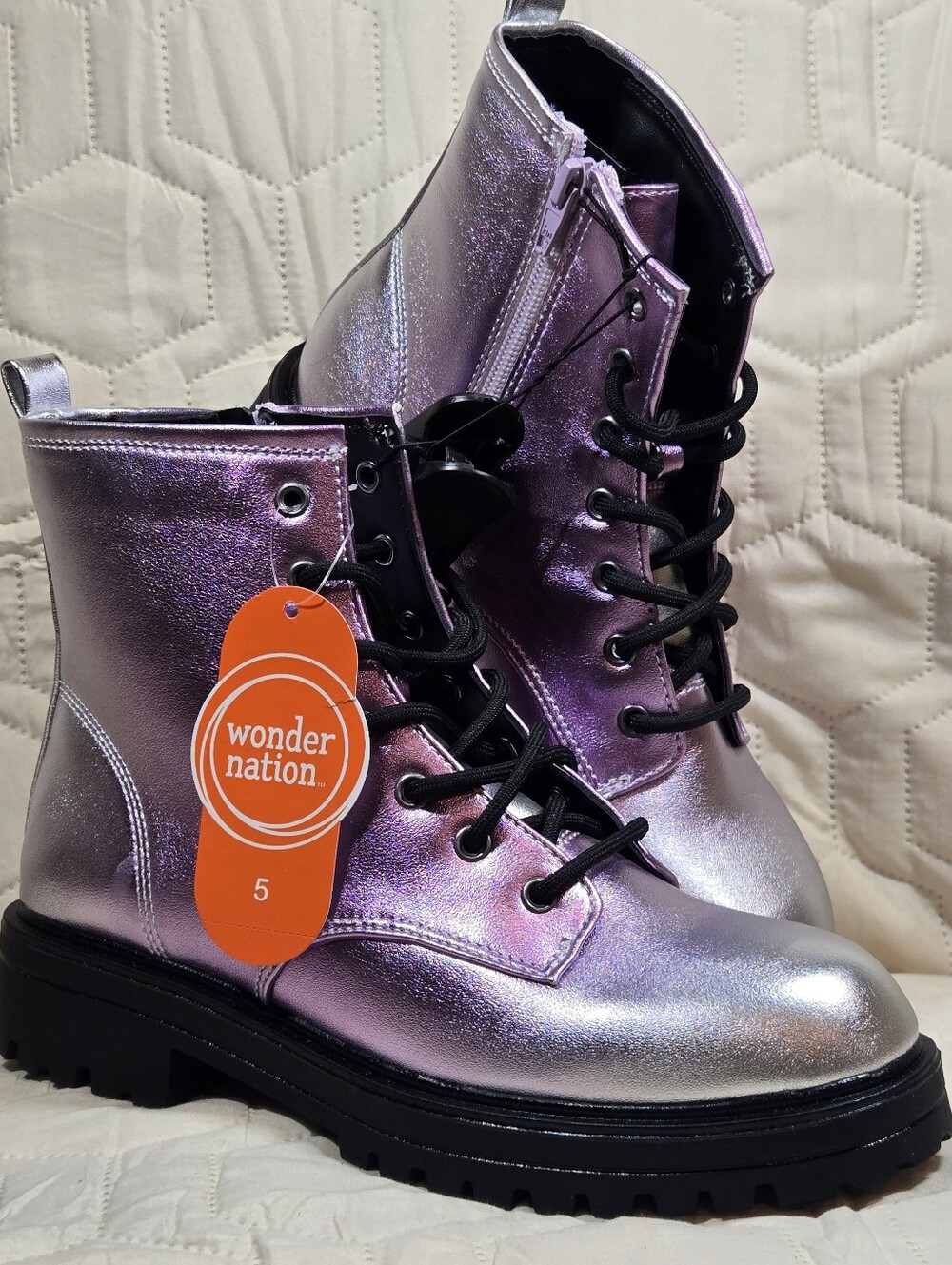 NWT - Wonder Nation Girls Size 5 Combat Boots in Metallic Purple and Silver